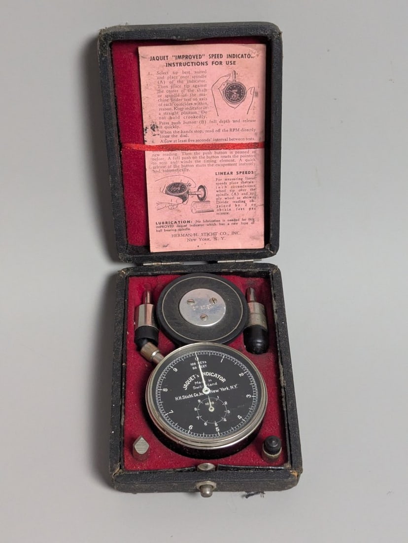 Jaquet Improved Speed Indicator Set Mechanical Tachometer with Case and Accessories: **Important** Please read below description on how to avoid high shipping costs. Up for auction is a rare Jaquet 'Improved' Speed Indicator Set, perfect for collectors of vintage measuring