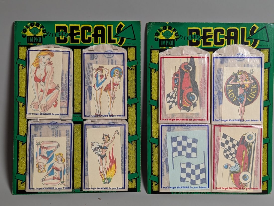 Vintage IMPKO Pin-Up Girl and Hot Rod Decal Store Displays Collectible Nostalgia: **Important** Please read below description on how to avoid high shipping costs. Up for auction are two unique vintage IMPKO store displays featuring colorful decals, each measuring 9 1/2 x 13 1/4