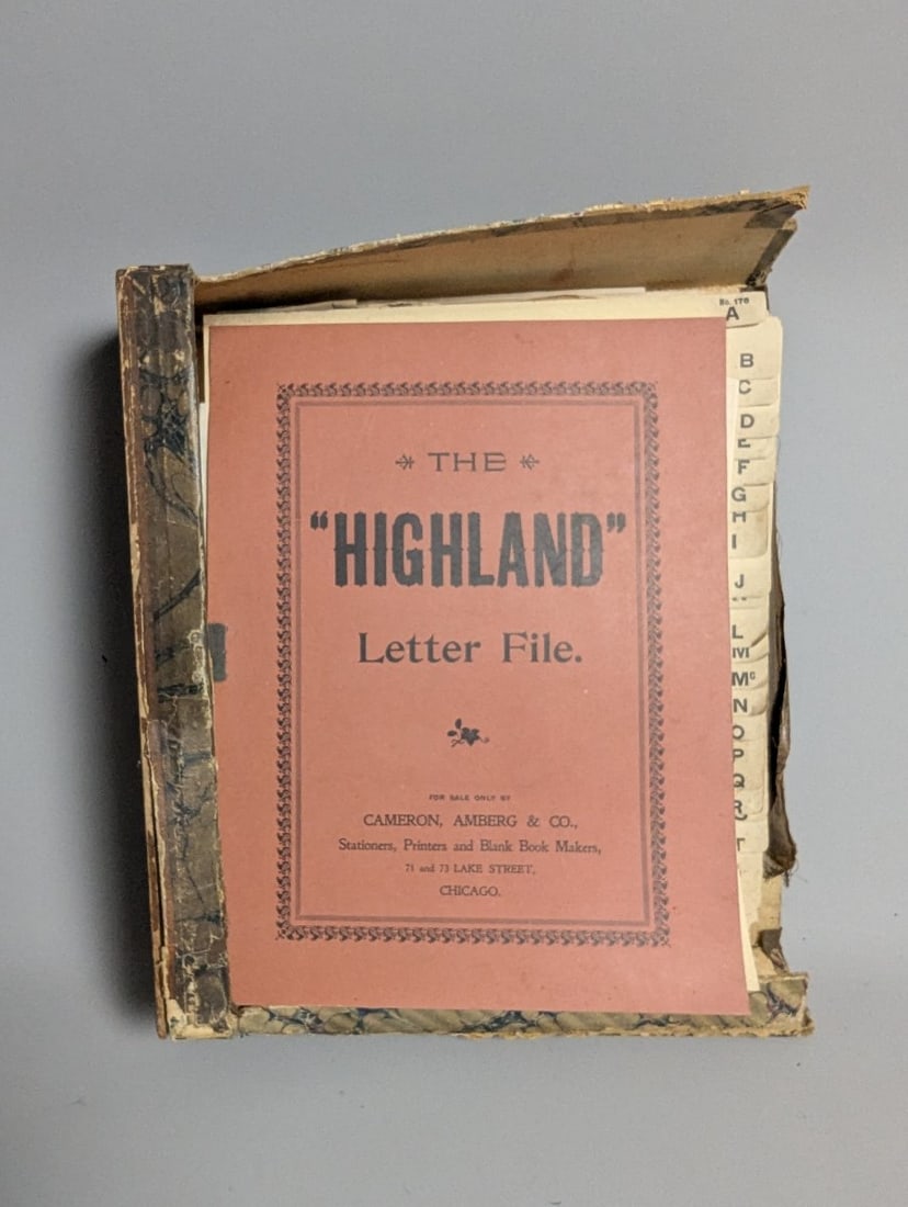 Antique Highland Letter File with Chicago Czech Frank Fucik's Personal History Archive c. 1897-1900: **Important** Please read below description on how to avoid high shipping costs. Explore a remarkable piece of history with this Antique 'The Highland' Letter File, housing the personal archive of
