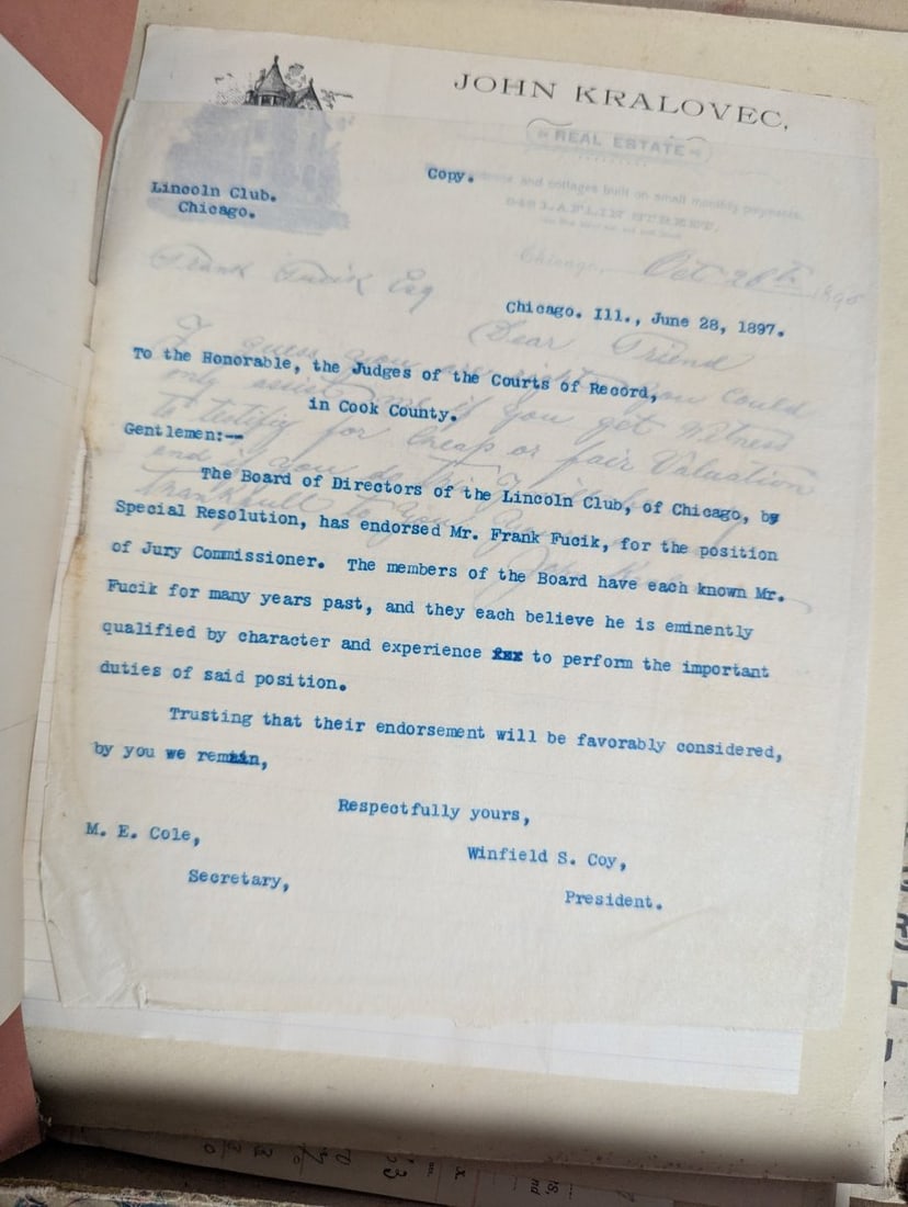 Antique Highland Letter File with Chicago Czech Frank Fucik's Personal History Archive c. 1897-1900 - 4
