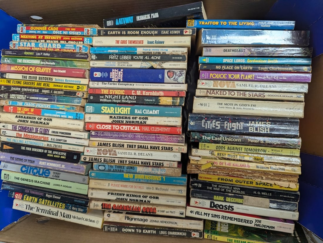 Large Collection of 68 Vintage Science Fiction Paperback Books by Great Authors: **Important** Please read below description on how to avoid high shipping costs. Dive into an expansive collection of 68 vintage science fiction paperback books, each approximately 4 x 7 x 2 inches in