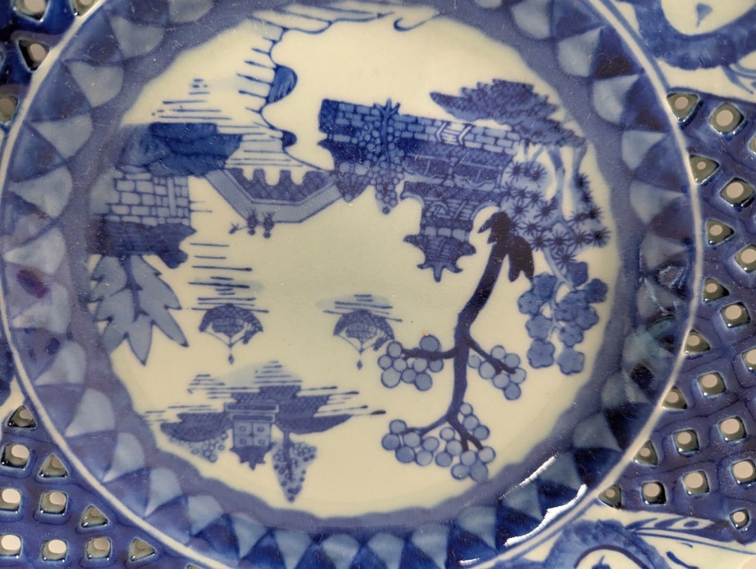 Chinese Blue & White Reticulated Plates Pair with Squirrel and Grape Motif - 2