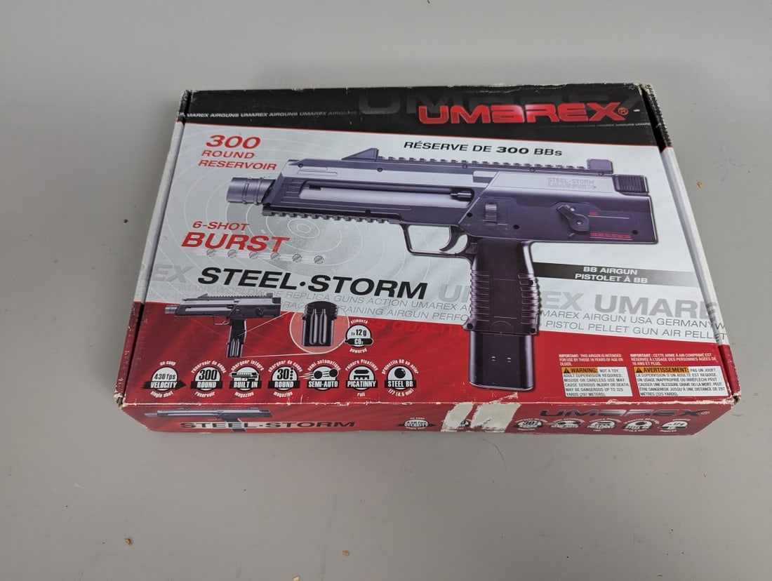 Umarex Steel Storm .177 Caliber BB Airgun Pistol Full Auto Air Gun Shooting Sports: **Important** Please read below description on how to avoid high shipping costs. Up for auction is a Umarex Steel Storm .177 Caliber BB Airgun Pistol. This item measures 12 x 16 x 2 1/2 and is in work