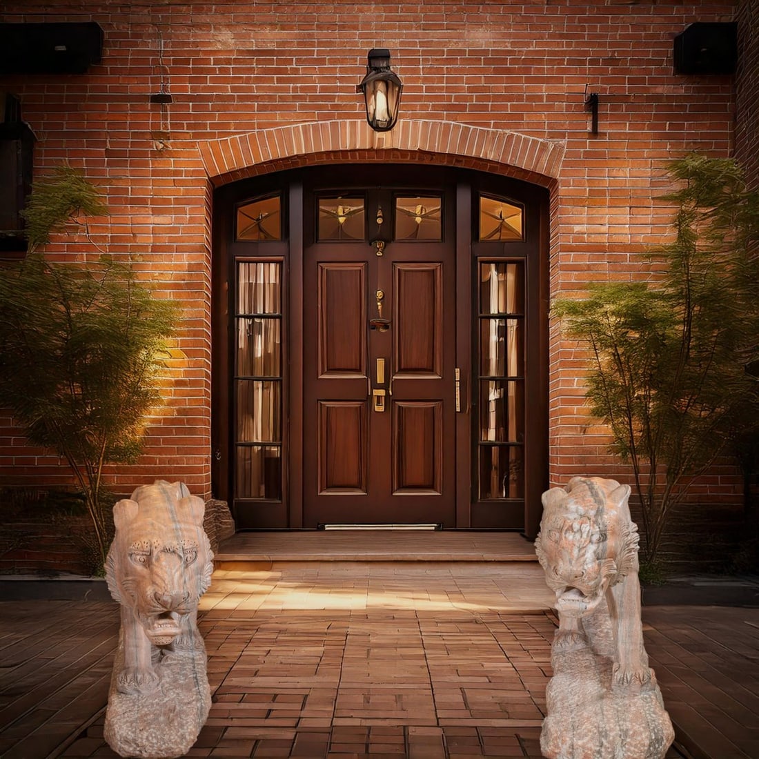 Stunning Pair of Life-Size Striated Pink Marble Lions for Grand Entryway or Garden: **Important** Please read below description on how to avoid high shipping costs. This stunning pair of life-size striated salmon pink marble lions are meticulously hand-carved from single slabs of mar