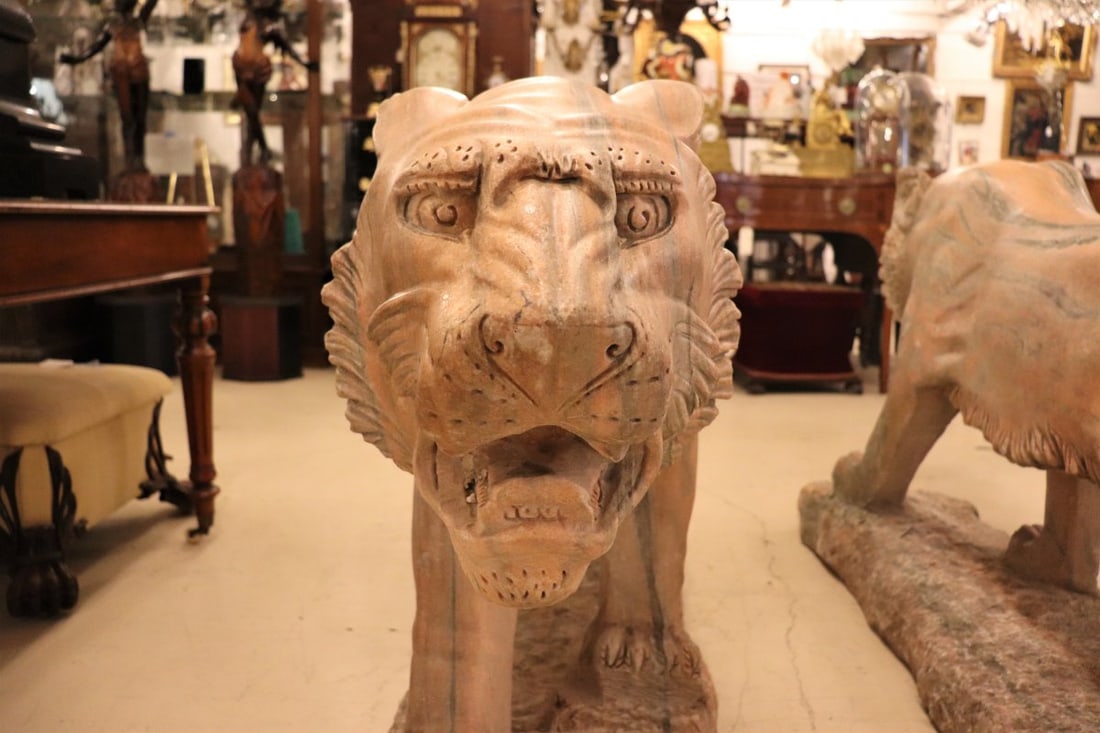 Stunning Pair of Life-Size Striated Pink Marble Lions for Grand Entryway or Garden - 2