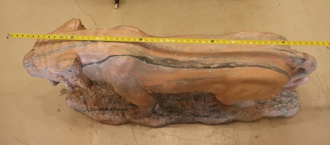 Stunning Pair of Life-Size Striated Pink Marble Lions for Grand Entryway or Garden - 5