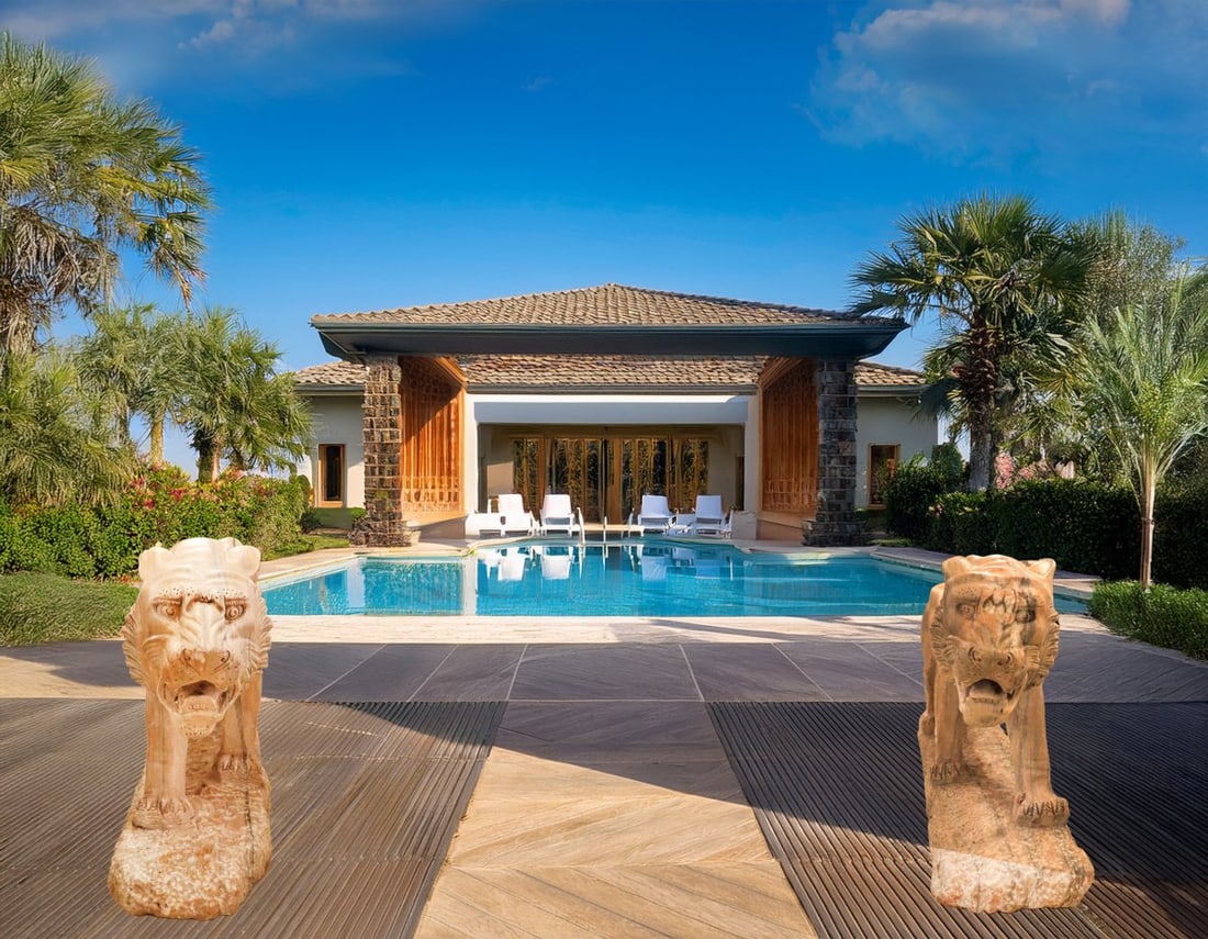 Stunning Pair of Life-Size Striated Pink Marble Lions for Grand Entryway or Garden - 8