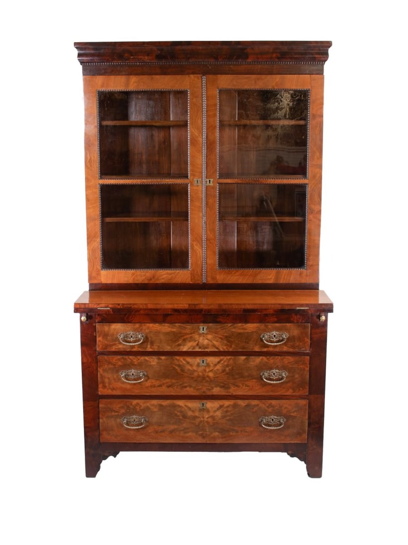 Late 19th Century English Sheraton Style Walnut Secretary with Chippendale Influences: **Important** Please read below description on how to avoid high shipping costs. This elegant piece showcases the refined craftsmanship of the Sheraton style, complemented by subtle Chippendale