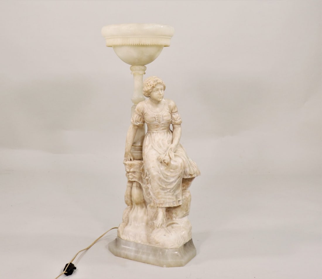 Early 20th Century Carved Alabaster Figural Lamp with Young Lady on Onxy Base - 2