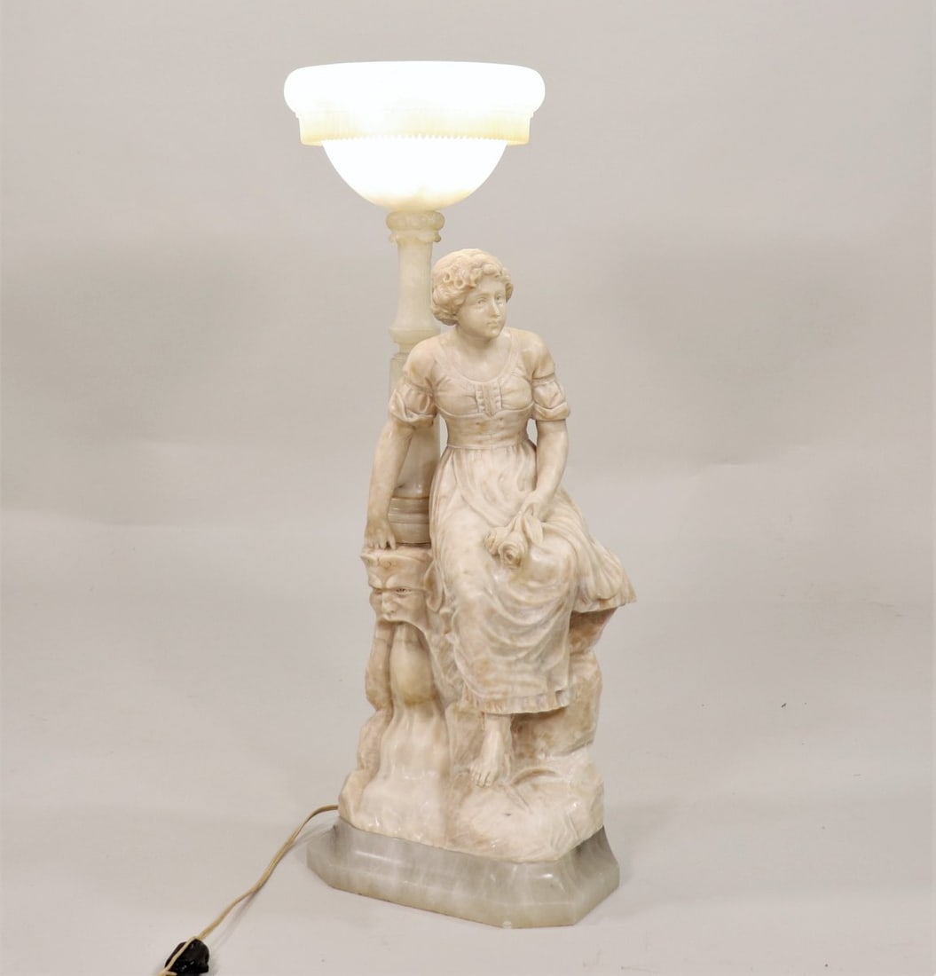 Early 20th Century Carved Alabaster Figural Lamp with Young Lady on Onxy Base - 3
