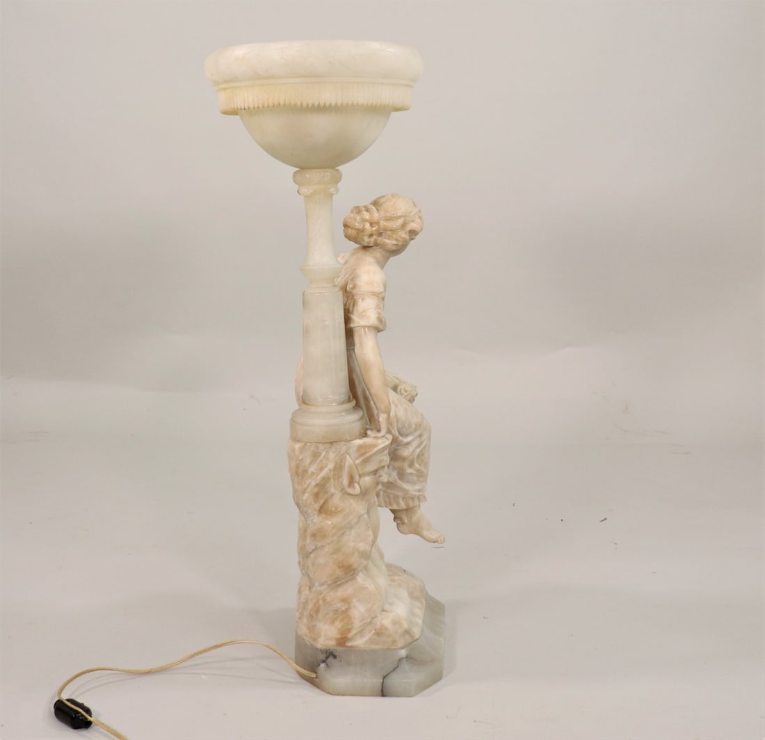 Early 20th Century Carved Alabaster Figural Lamp with Young Lady on Onxy Base - 4