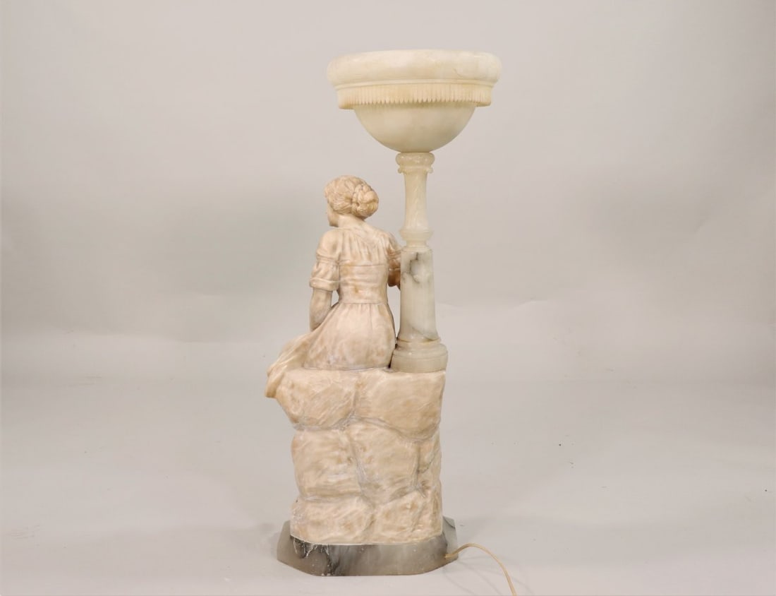 Early 20th Century Carved Alabaster Figural Lamp with Young Lady on Onxy Base - 5