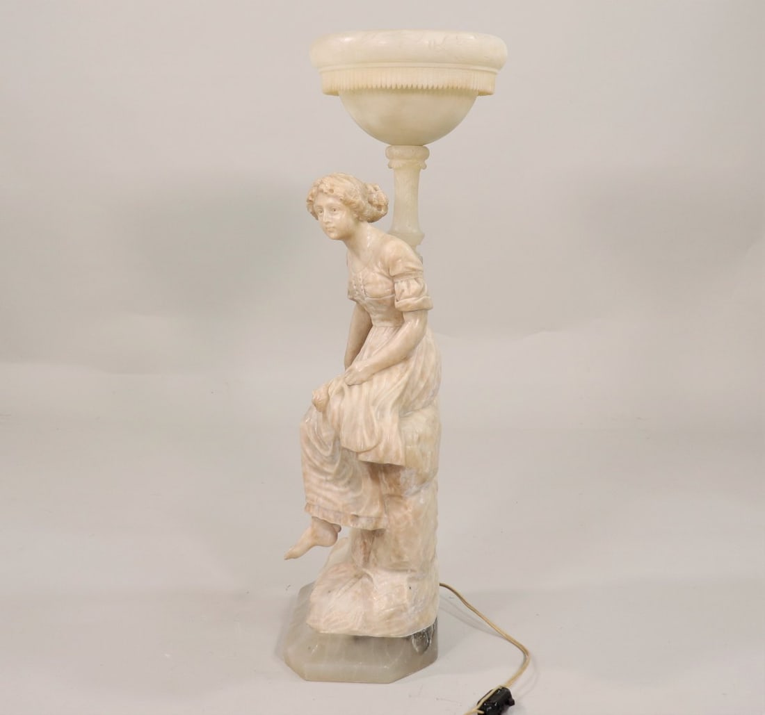 Early 20th Century Carved Alabaster Figural Lamp with Young Lady on Onxy Base - 6