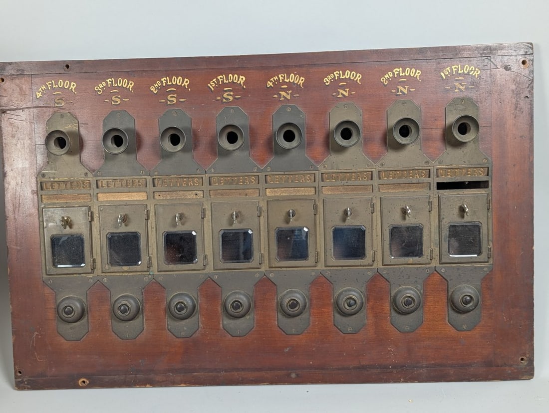 Antique Apartment Building Annunciator Mailbox and Call Box Panel Architectural Salvage: **Important** Please read below description on how to avoid high shipping costs. Presenting a striking Antique Apartment Building Annunciator, Mailbox, and Call Box Panel, measuring 38 x 24 x 3 1/2