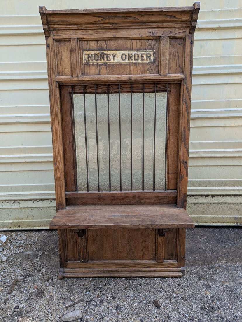 Antique Oak Bank Teller Money Order Window Architectural Salvage Decorative Piece: **Important** Please read below description on how to avoid high shipping costs. This stunning antique bank teller window is constructed from solid oak, measuring 47 high x 23 x 24. It features an