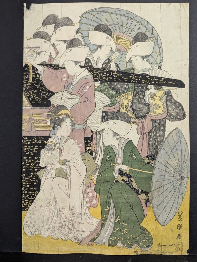 Original 18th Century Japanese Woodblock Print by Utagawa Toyokuni I, Courtesans: **Important** Please read below description on how to avoid high shipping costs. Presenting a fascinating original 18th-century Japanese woodblock print by the renowned artist Utagawa Toyokuni I, titl