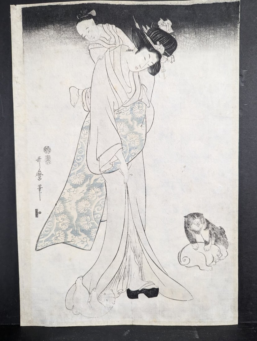 Original 19th Century Kitagawa Utamaro Japanese Woodblock Print Mother Child and Puppies: **Important** Please read below description on how to avoid high shipping costs. This exquisite original 19th-century Japanese woodblock print by Kitagawa Utamaro features a tender scene of a mother, 