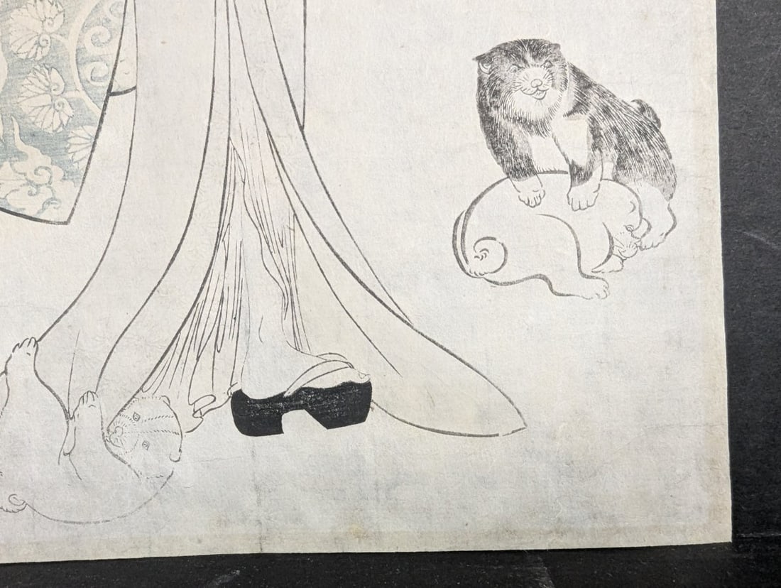 Original 19th Century Kitagawa Utamaro Japanese Woodblock Print Mother Child and Puppies - 7