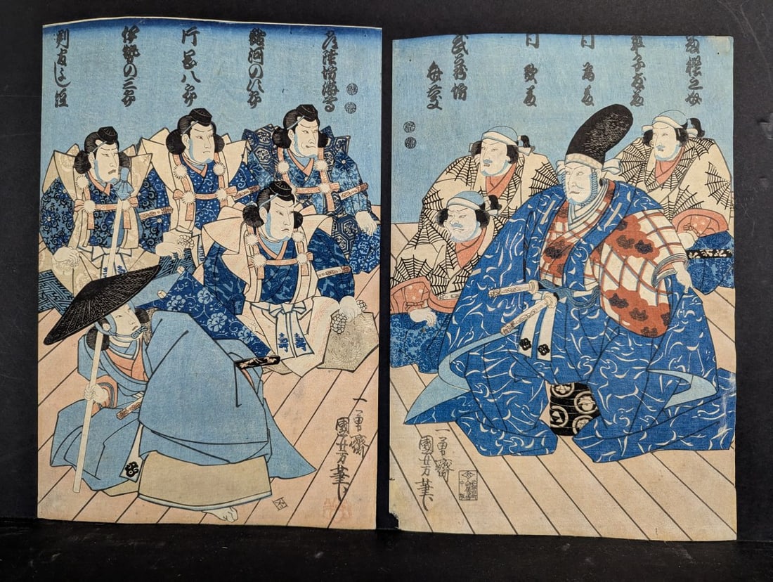 Utagawa Kuniyoshi Original 19th Century Japanese Woodblock Print Triptych Panels (2 Sheets): **Important** Please read below description on how to avoid high shipping costs. This exceptional offering features two sheets from a triptych by the renowned ukiyo-e master Utagawa Kuniyoshi, created