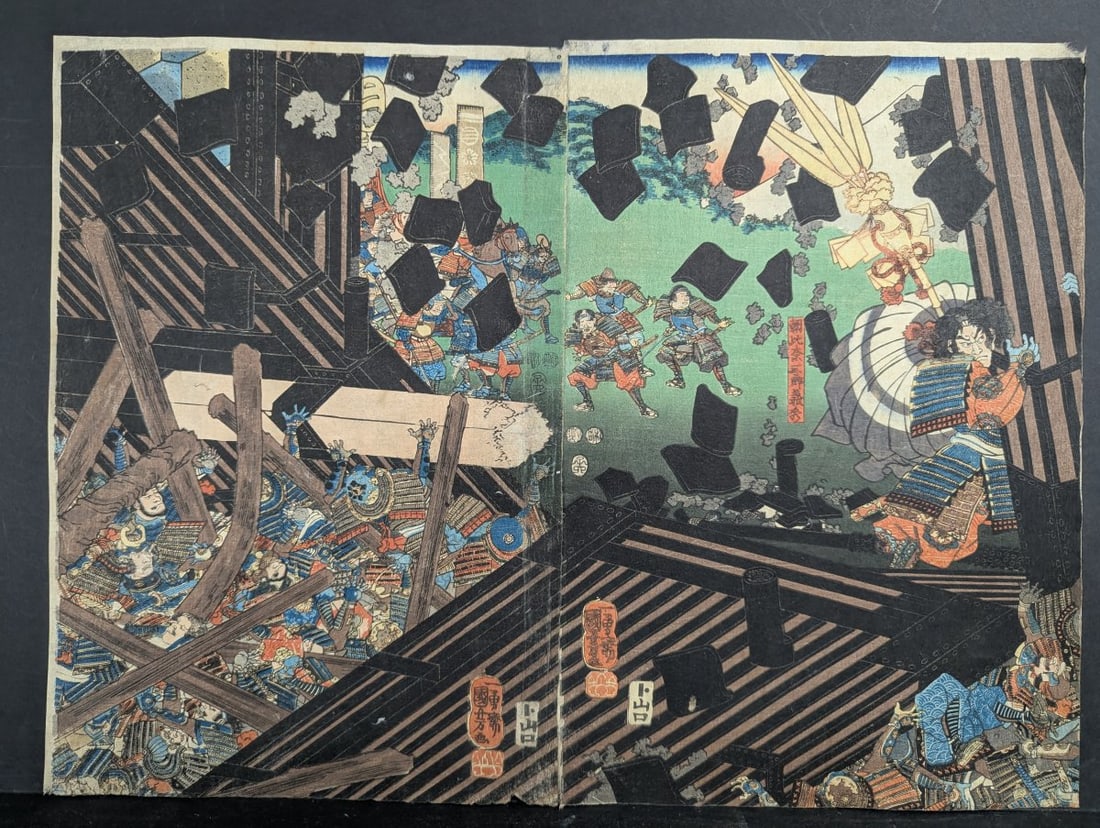 Original 19th Century Japanese Woodblock Print Diptych by Utagawa Kuniyoshi: **Important** Please read below description on how to avoid high shipping costs. This original diptych features two sheets measuring 20 x 14 1/4 inches from a triptych. It has soiling and minor thinni