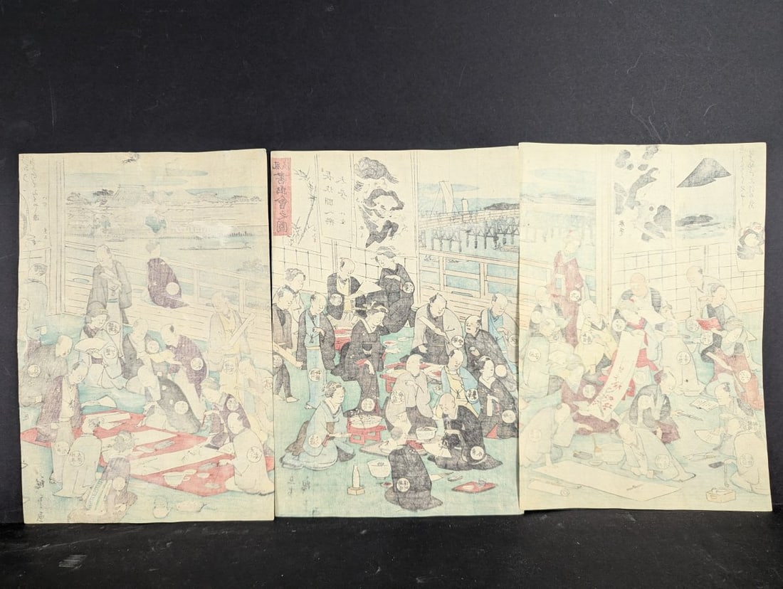 Utagawa Hiroshige Original 19th Century Japanese Woodblock Print Triptych Elegant Calligraphy - 11