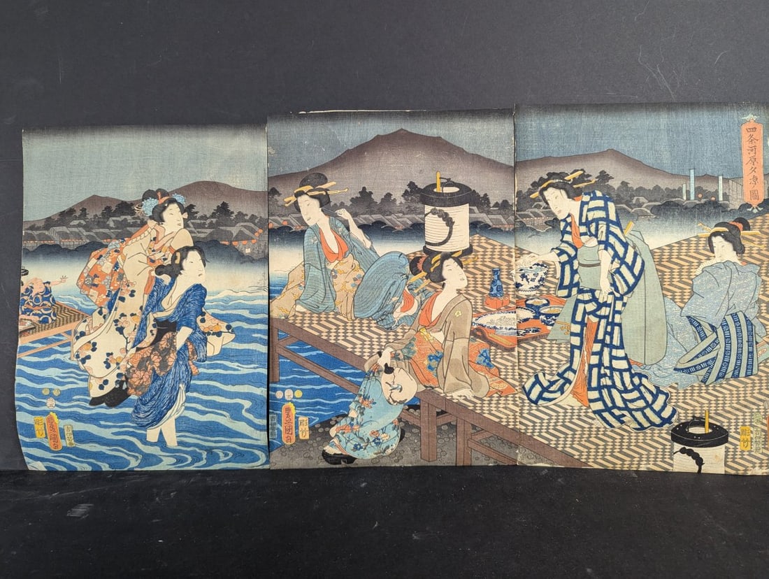 Original 19th Century Japanese Woodblock Print Triptych by Toyokuni III (1 of 11)