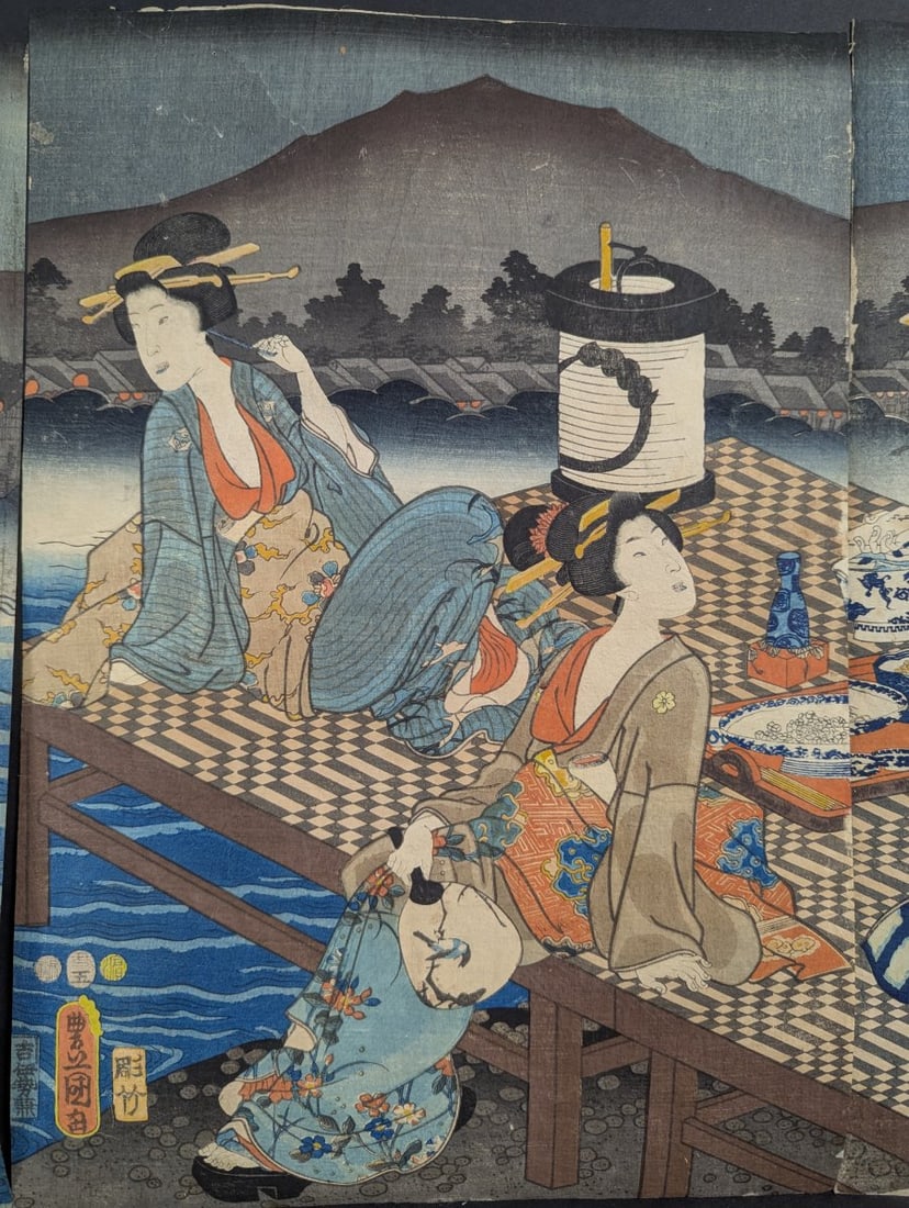Original 19th Century Japanese Woodblock Print Triptych by Toyokuni III - 3