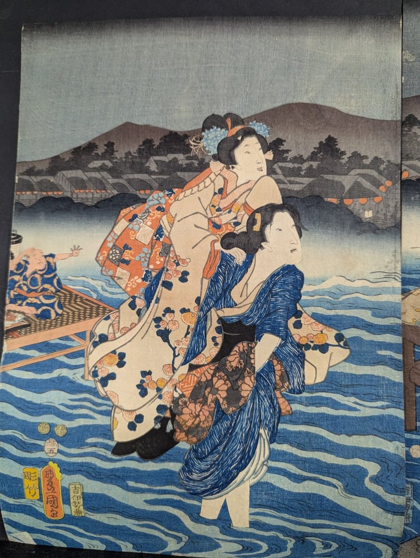 Original 19th Century Japanese Woodblock Print Triptych by Toyokuni III - 4