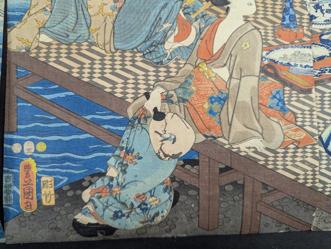 Original 19th Century Japanese Woodblock Print Triptych by Toyokuni III - 8