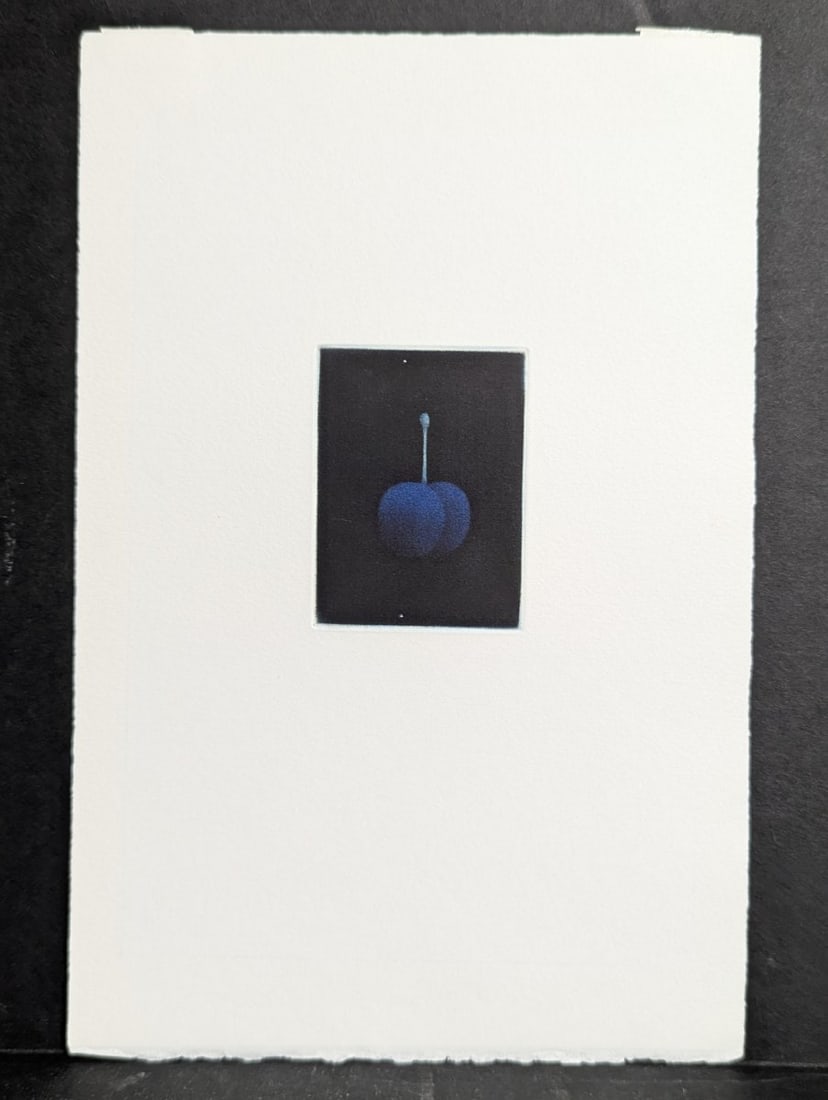 Yozo Hamaguchi Color Mezzotint 'Two Cherries' Elegant Japanese Print c1990: **Important** Please read below description on how to avoid high shipping costs. Discover a stunning c1990 color mezzotint by the renowned Japanese artist Yozo Hamaguchi, measuring 7 1/2 x 11 inches