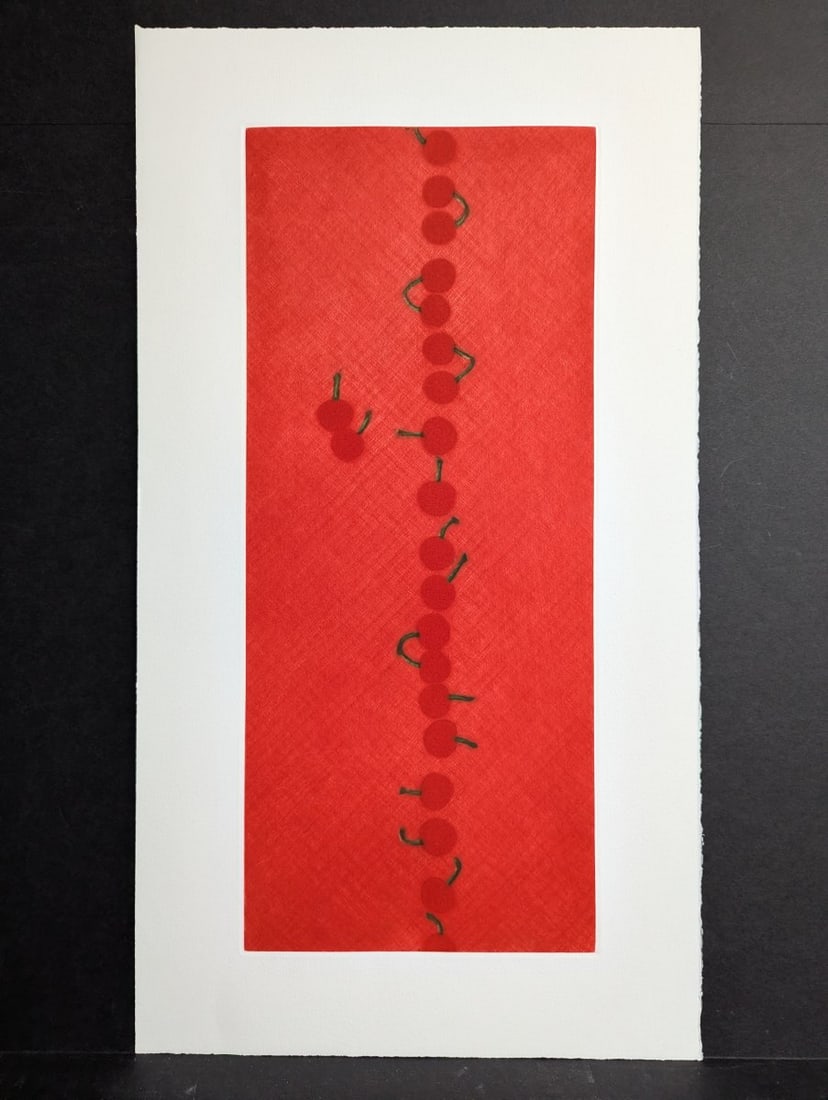 Yozo Hamaguchi Twenty-Two Cherries Color Mezzotint Fine Art Print: **Important** Please read below description on how to avoid high shipping costs. This exquisite c1990 color mezzotint by renowned Japanese artist YÅ�zÅ� Hamaguchi features