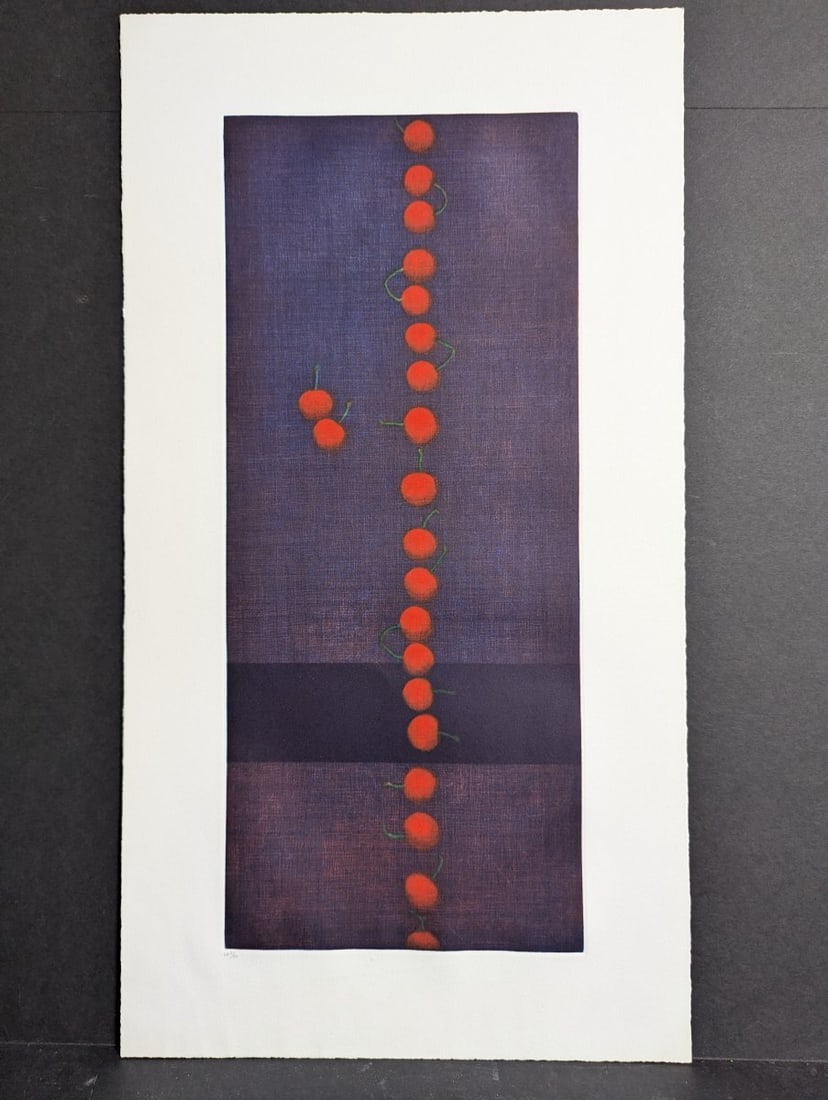 Yozo Hamaguchi Color Mezzotint 'Vingt-deux cerises' Japanese Print Artwork: **Important** Please read below description on how to avoid high shipping costs. Experience the exquisite beauty of this c1990 color mezzotint by Yozo Hamaguchi, measuring 14 1/2 x 26 1/2 inches with