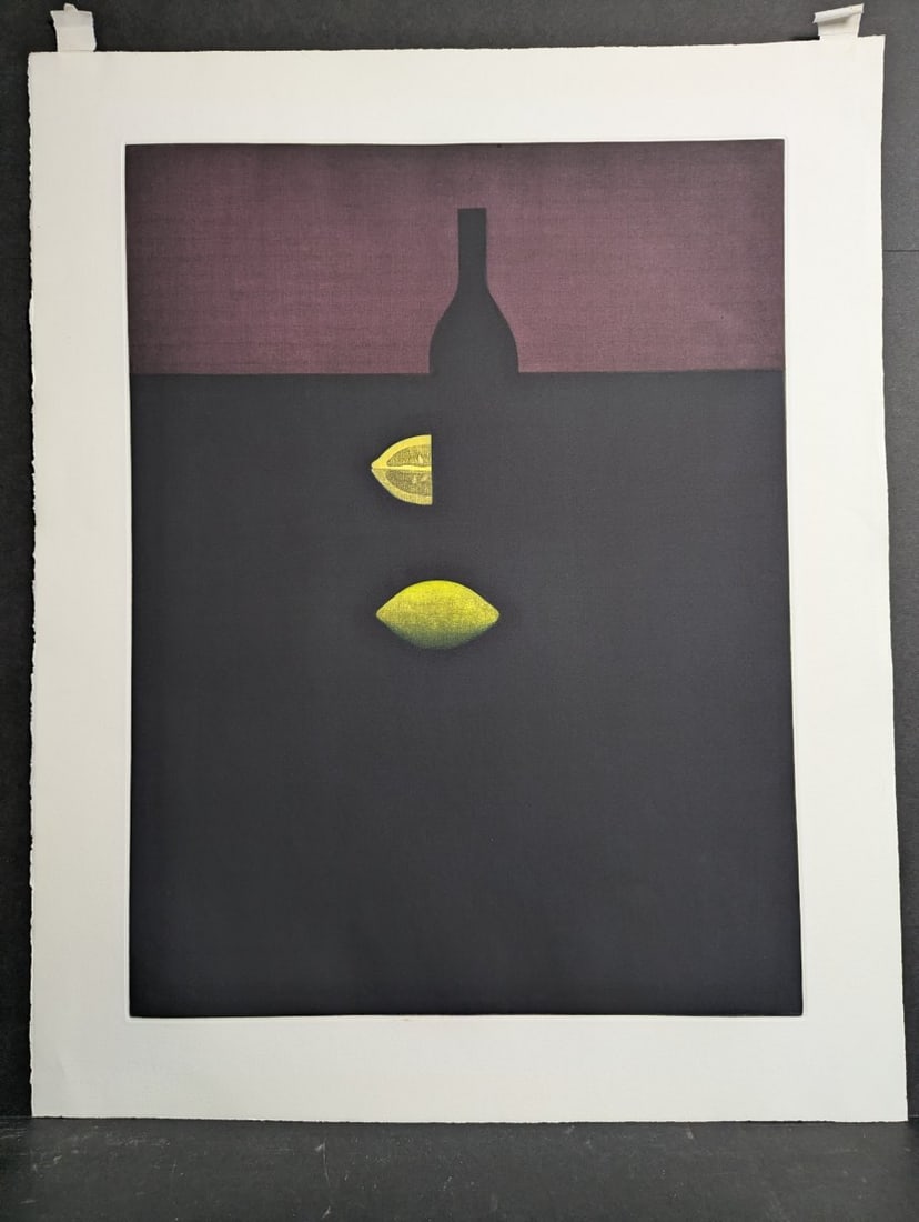 Yozo Hamaguchi Color Mezzotint Deux Citrons et Bouteille Japanese Print c1990: **Important** Please read below description on how to avoid high shipping costs. Experience the elegance of this striking color mezzotint print titled 'Deux Citrons et Bouteille' by renowned Japanese