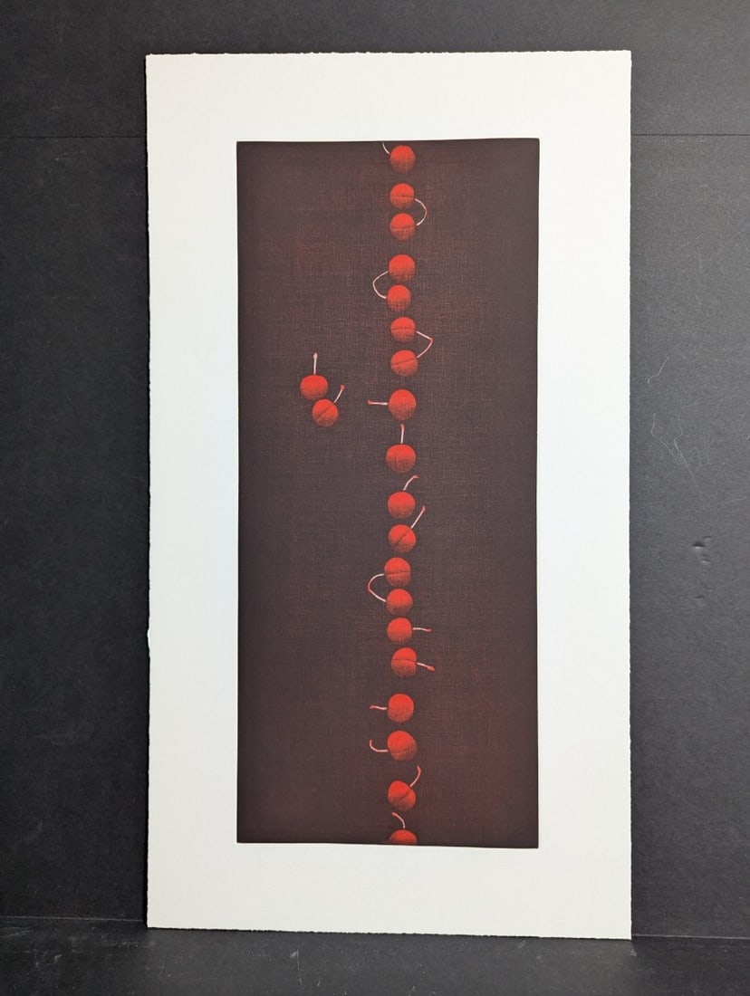 Yozo Hamaguchi Color Mezzotint 'Twenty-Two Cherries' Japanese Art Print: **Important** Please read below description on how to avoid high shipping costs. Experience the exquisite artistry of Yozo Hamaguchi with this stunning color mezzotint titled 'Twenty-Two Cherries'. Me