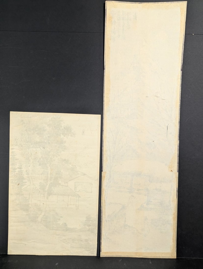 Japanese Sumi-e Ink Wash Art Landscape and Village Scene Set of 2 Unique Works - 10