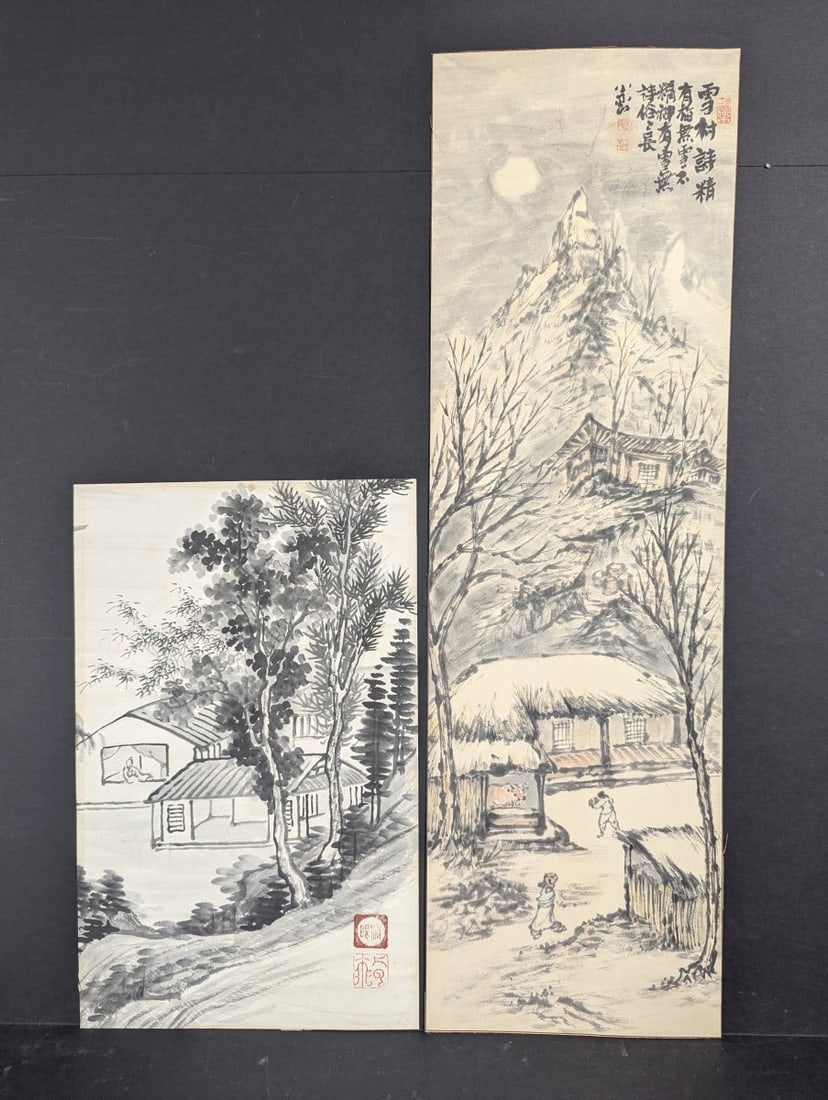 Japanese Sumi-e Ink Wash Art Landscape and Village Scene Set of 2 Unique Works: **Important** Please read below description on how to avoid high shipping costs. Discover a captivating set of two Japanese Sumi-e ink wash paintings, showcasing enchanting landscapes and village scen