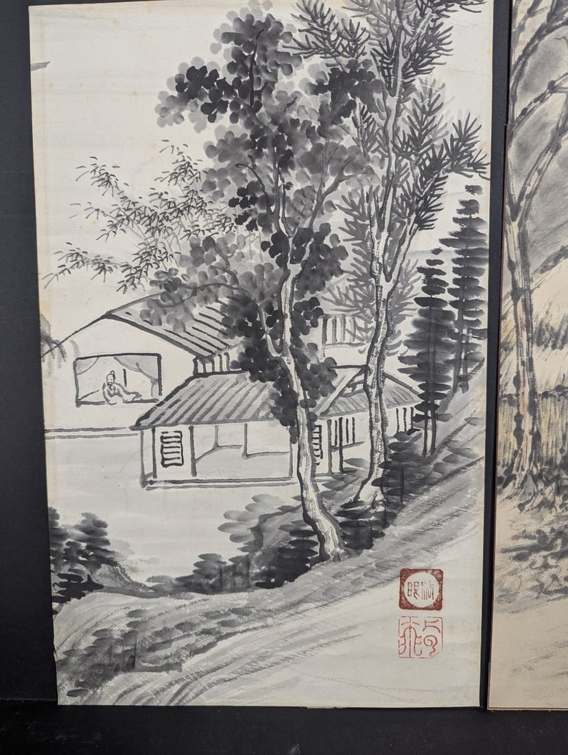 Japanese Sumi-e Ink Wash Art Landscape and Village Scene Set of 2 Unique Works - 2
