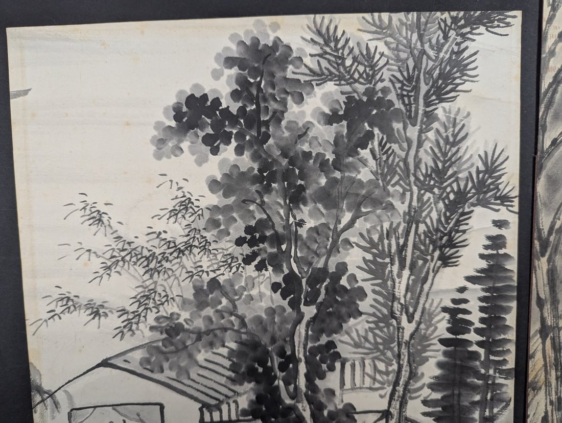 Japanese Sumi-e Ink Wash Art Landscape and Village Scene Set of 2 Unique Works - 3