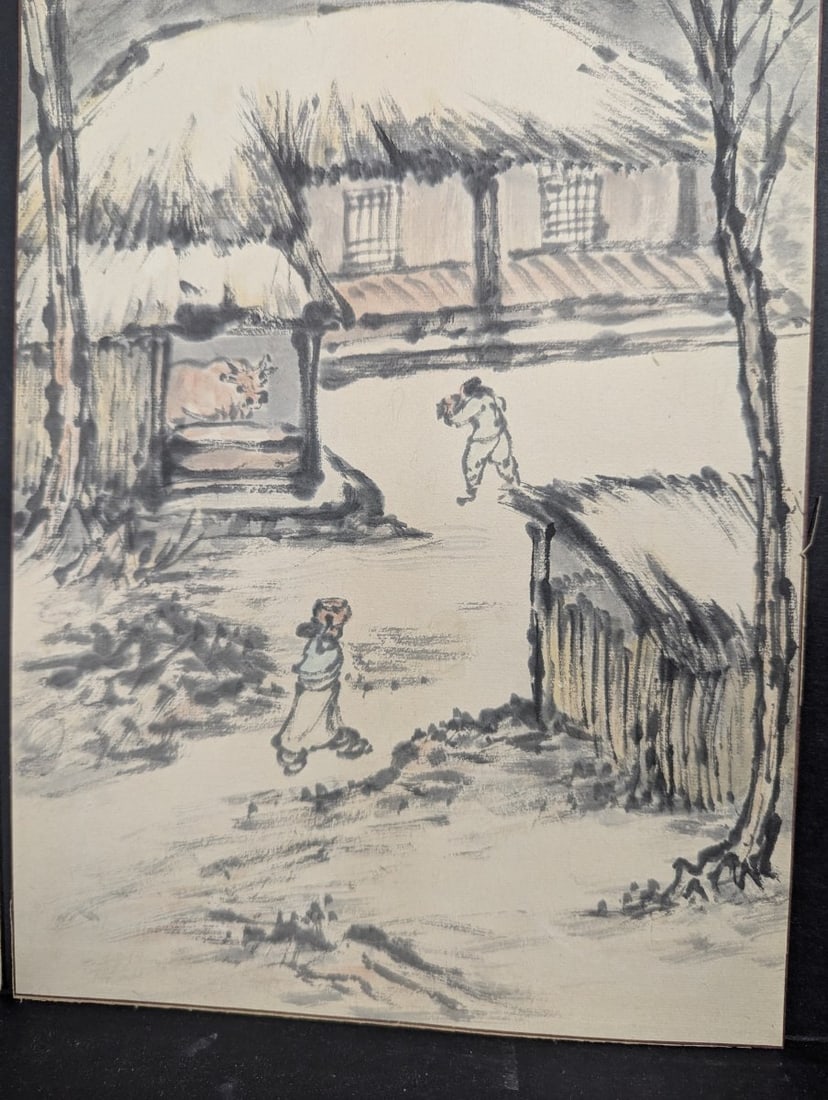 Japanese Sumi-e Ink Wash Art Landscape and Village Scene Set of 2 Unique Works - 9