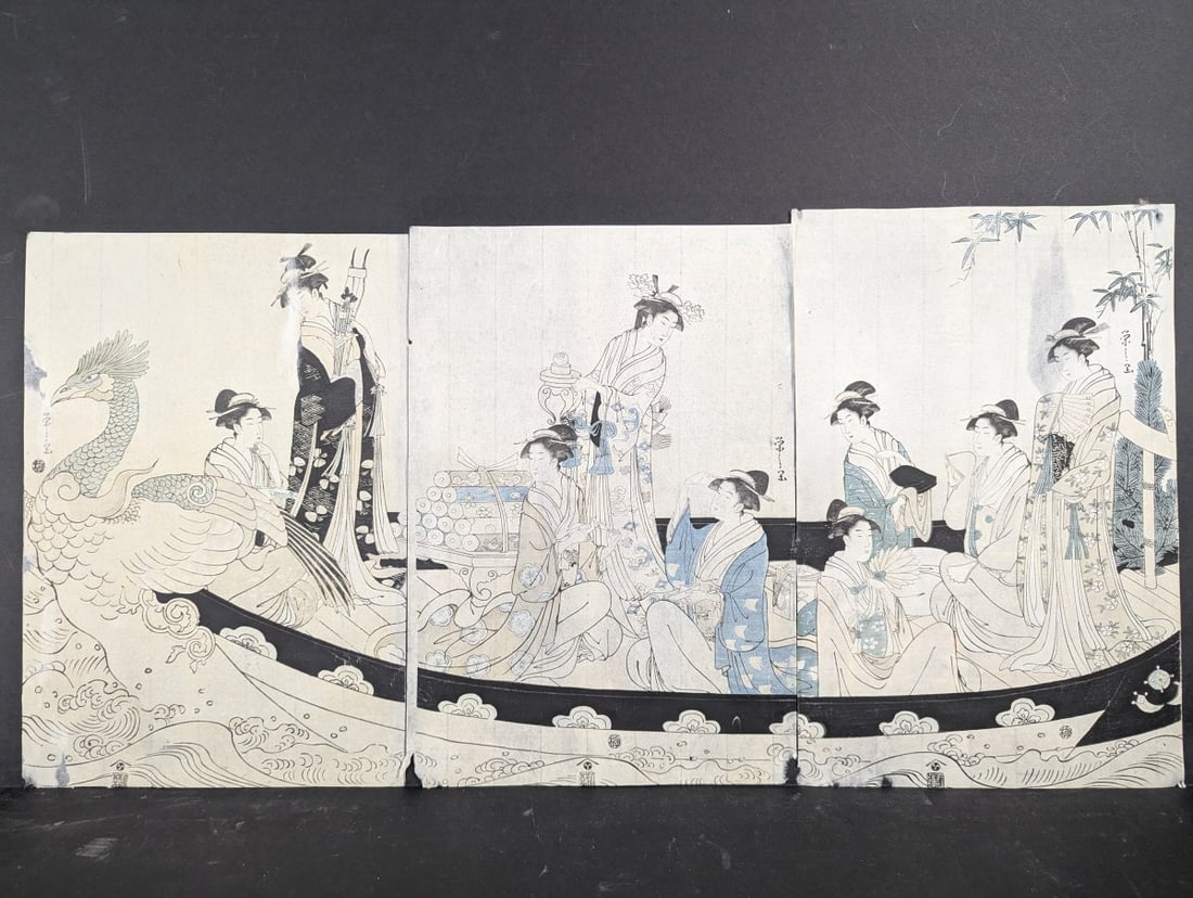Original 18th Century Japanese Woodblock Print by Hosoda Eishi, 'Women in a Phoenix Boat': **Important** Please read below description on how to avoid high shipping costs. This exquisite original triptych from 1793 by renowned ukiyo-e master Hosoda Eishi features captivating scenes of women