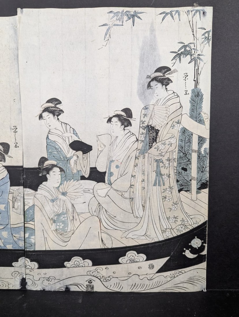 Original 18th Century Japanese Woodblock Print by Hosoda Eishi, 'Women in a Phoenix Boat' - 2