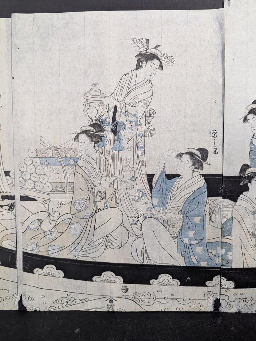 Original 18th Century Japanese Woodblock Print by Hosoda Eishi, 'Women in a Phoenix Boat' - 3