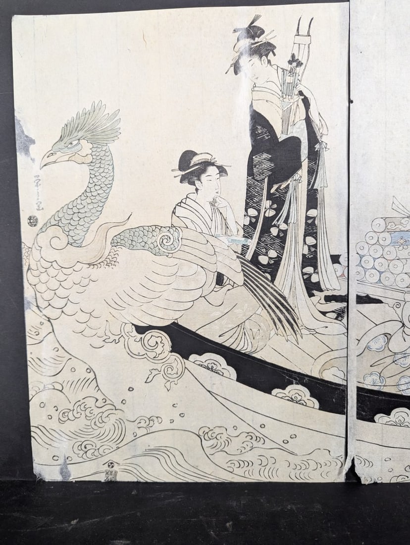 Original 18th Century Japanese Woodblock Print by Hosoda Eishi, 'Women in a Phoenix Boat' - 4