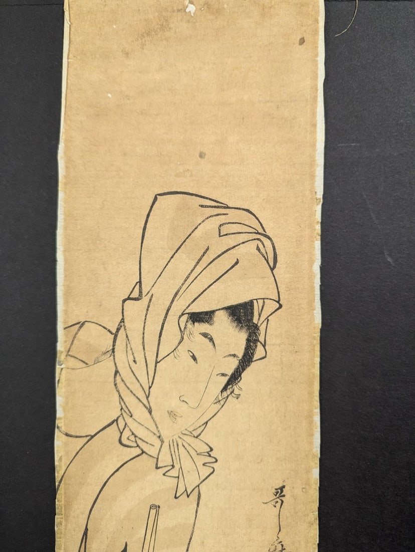 Original 19th Century Kitagawa Utamaro Japanese Woodblock Print 'Young Woman and Fan Peddler' - 2