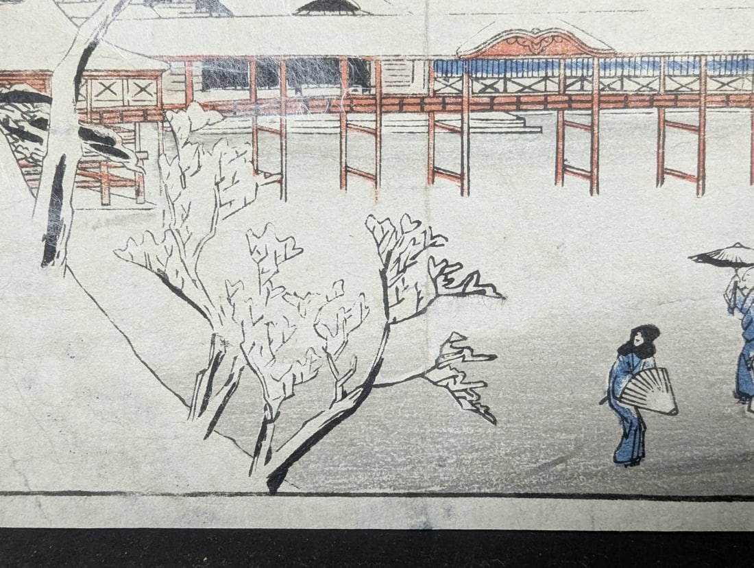 Original 19th Century Japanese Woodblock Print Utagawa Hiroshige Snow at TÅ�eizan Temple - 6