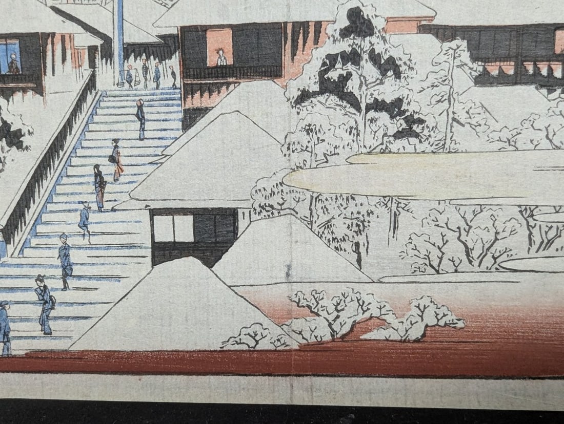 Original 19th Century Japanese Woodblock Print by Utagawa Hiroshige: Yushima Tenman Shrine in Snow - 6
