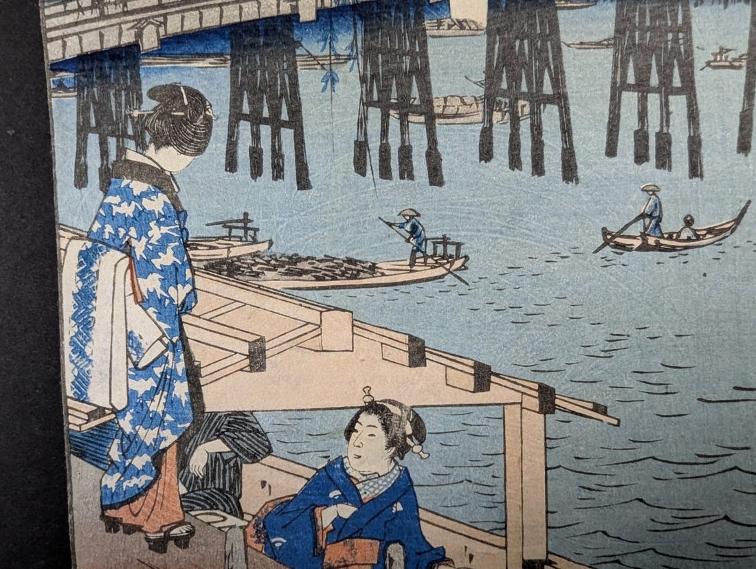 Original 19th Century Japanese Woodblock Print by Utagawa Hiroshige: 'Ryogoku Bridge' - 6
