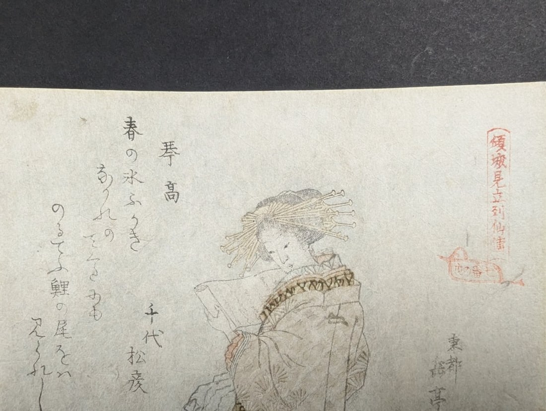 Yashima Gakutei Japanese Woodblock Print c1830 Surimono Courtesan Seated on a Carp - 2