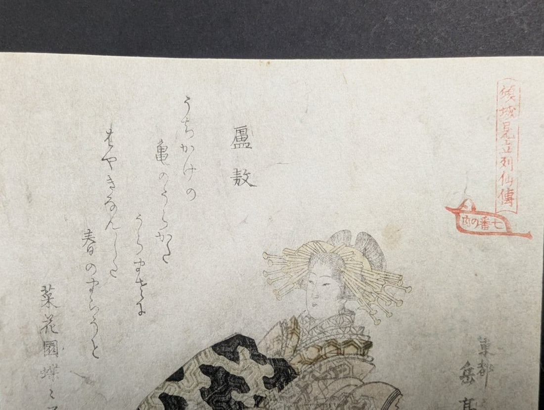 Yashima Gakutei Japanese Woodblock Print c.1830 Surimono 'Courtesan as Rogo' - 2