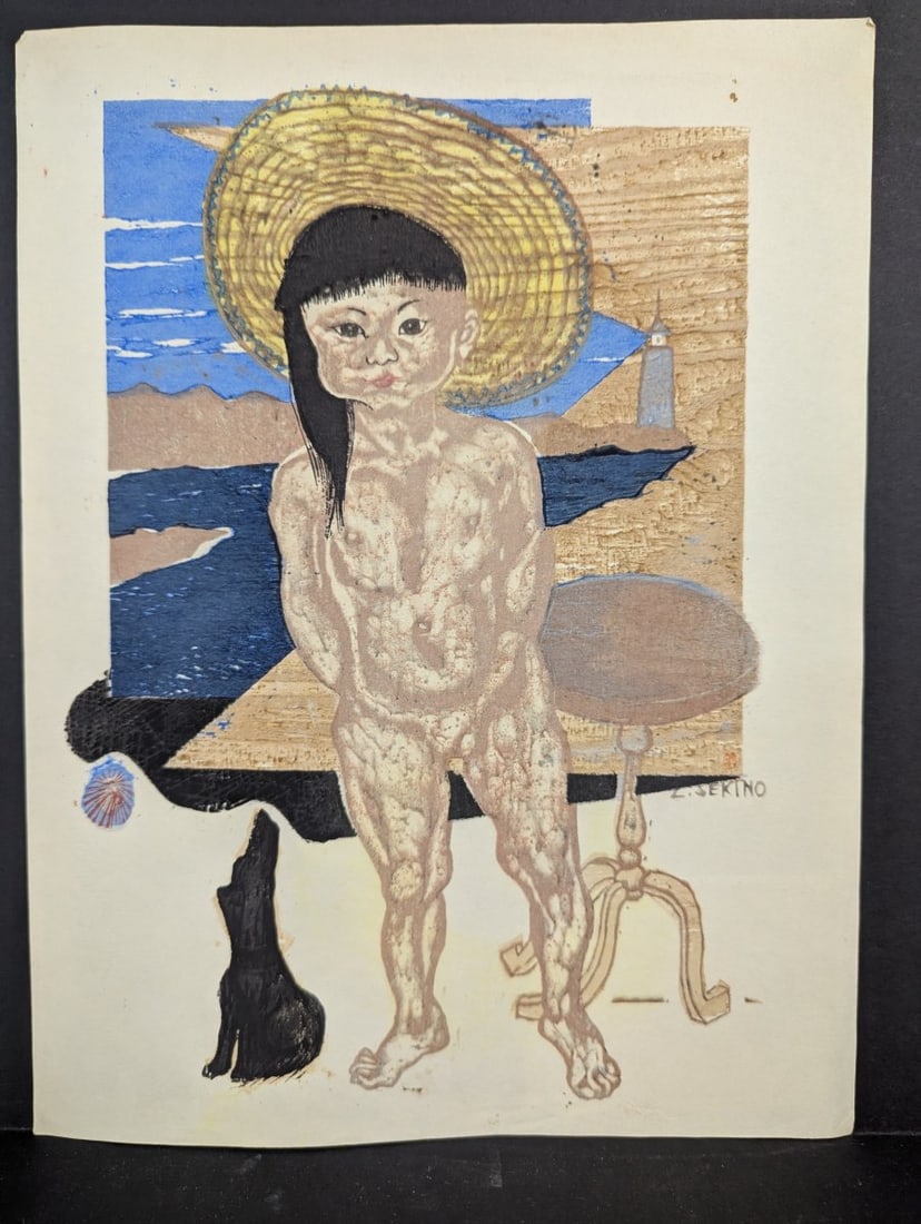 Jun'ichirÅ� Sekino Child of the Sea Japanese Woodblock Print Surimono Limited Edition: **Important** Please read below description on how to avoid high shipping costs. This exquisite woodblock print by renowned artist Jun'ichirÅ� Sekino titled 'Child of the Sea' (æµ